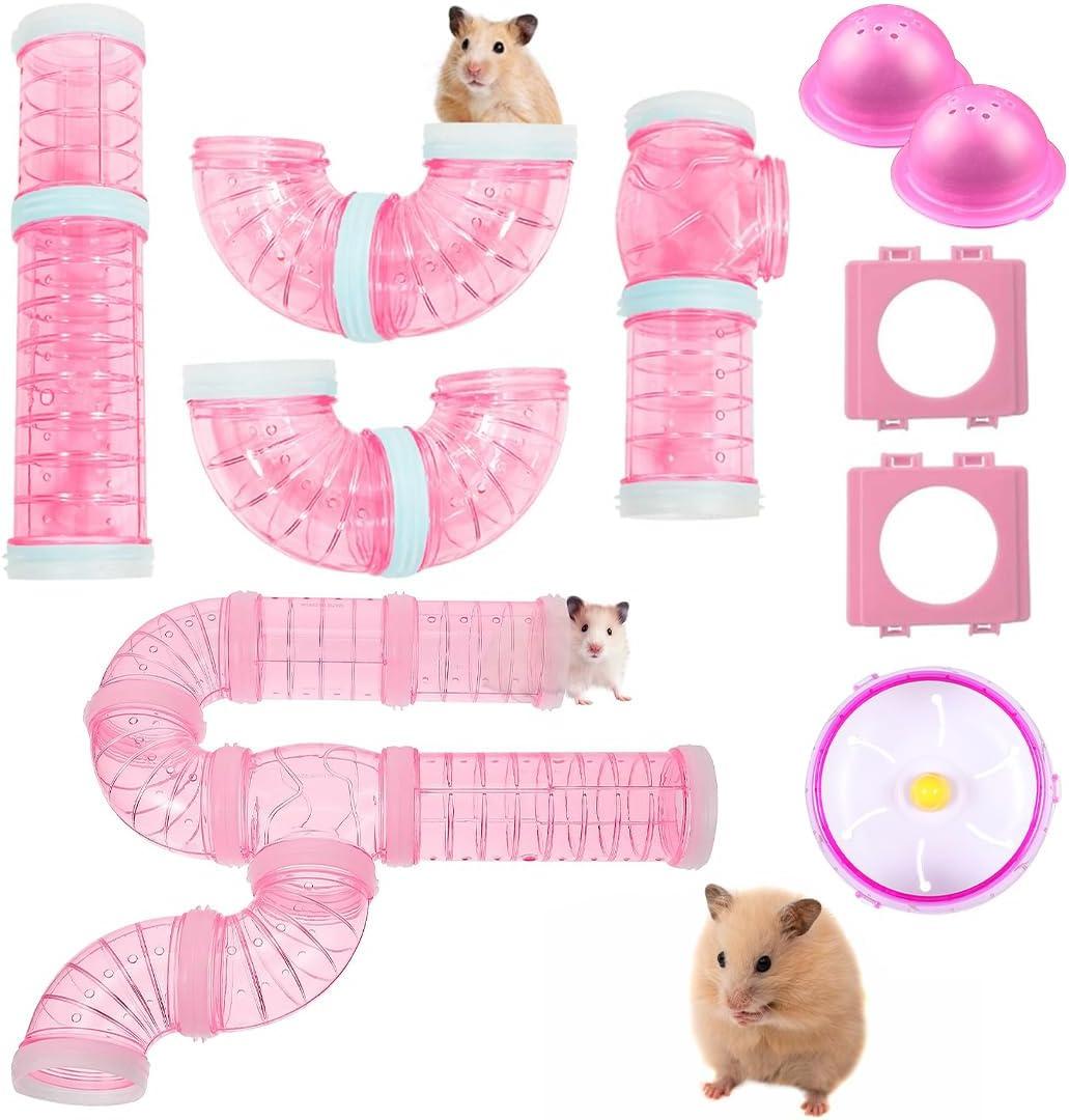 IBEQUE 2 Hamster Tubes & Tunnel Kit, Transparent DIY Connecting Pipe & Accessories, Includes Hamster Wheel for Small Pets (Pink)