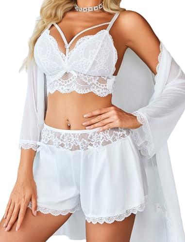 Avidlove Lingerie for Women Lace Pajamas Sets 3 Piece Sexy Cami pjs and Silk Satin Panty With Mesh Lingeries Robe White M