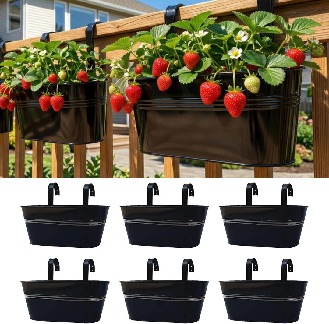 LaLaGreen Outdoor Plants Rail Planter Plants (6 Pack, 11.2 Inch) Black Metal Iron Hanging Flower Pots Deck Railings Fence Buckets Modern Style Wall Mount Window Box Plant Holder with Hooks Porch Decor