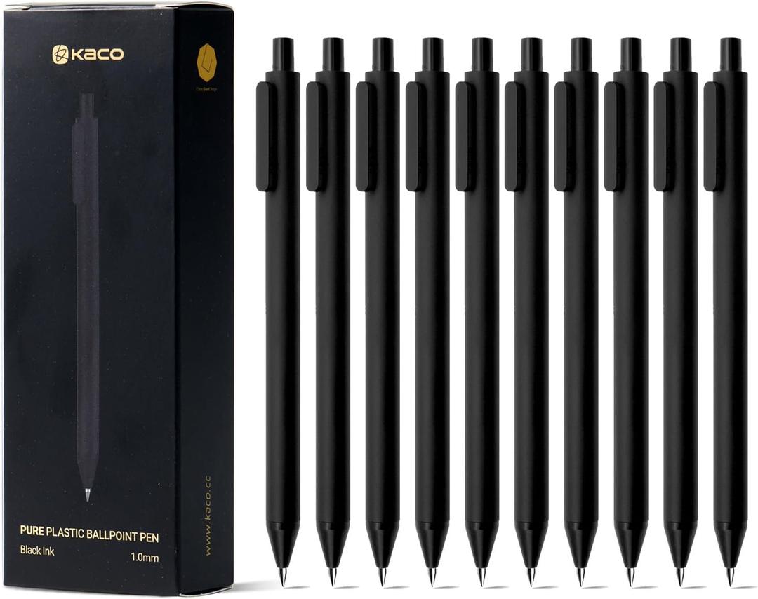 Kaco 10 Pieces Ballpoint Pens PURE, Black Ink, 1.0 mm Medium Point, 10 Count Pack Pens Retractable Journaling Office Supplies