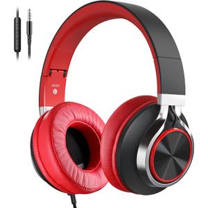 Over Ear Headphones Wired, AC01 Corded Stereo Headsets with Microphone Volume Control for Adults Teens Kids 3.5mm Jack for Chromebooks, Laptop, Computer, Tablets, Travel (Black Red)