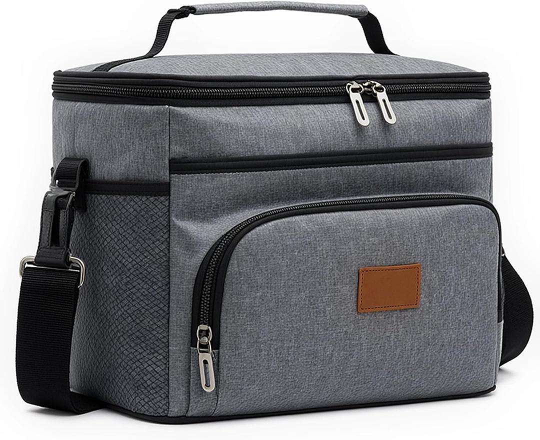 Insulated Lunch Bag for Women/Men, Leakproof Lunch Cooler Bag with Adjustable Shoulder Strap, 4 Pockets, Ideal for Work, Picnic, Travel, School - Large, Grey, 11.4"x 8.6"x 9.4", 15.3L (Gray)