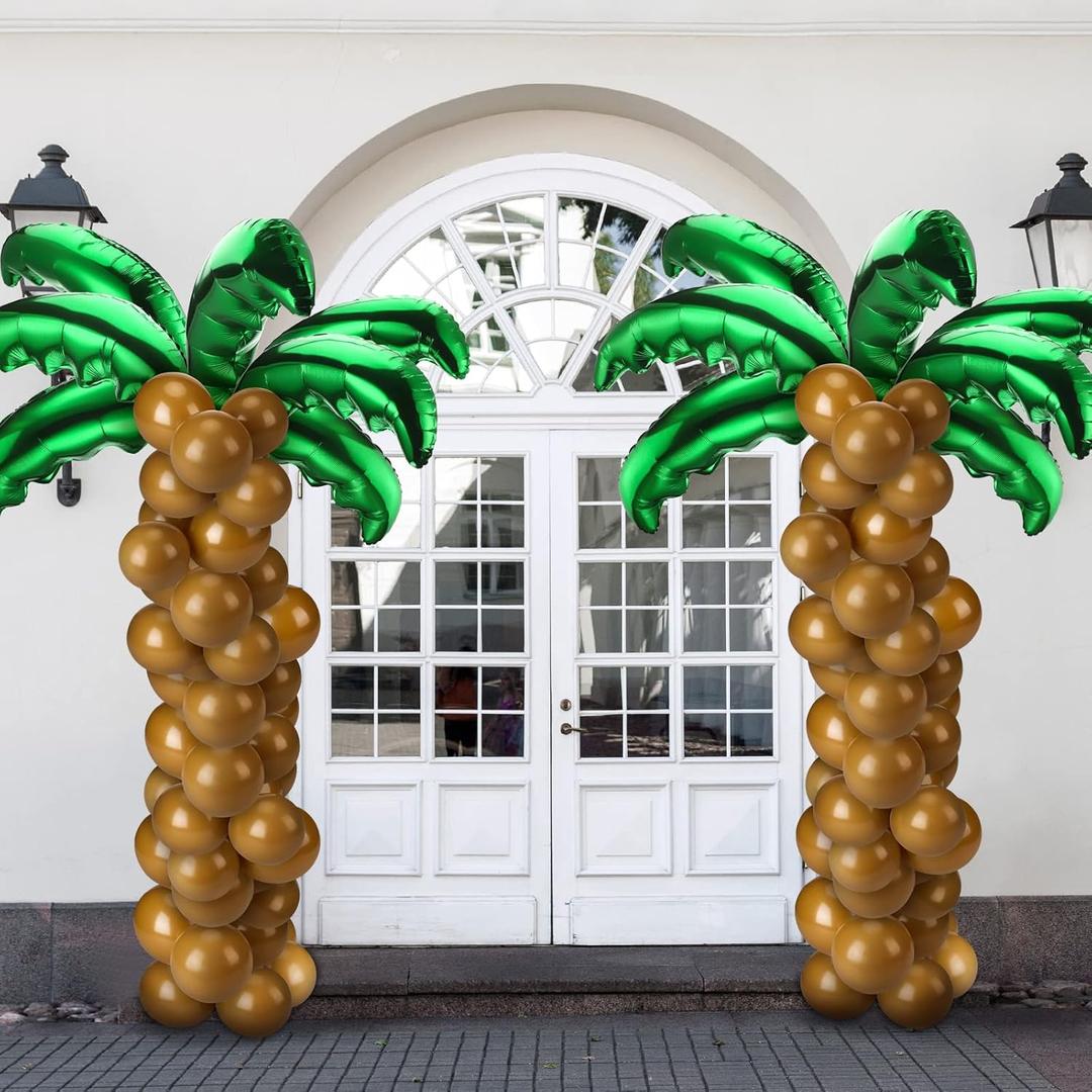 Sratte 100 Pcs Palm Tree Leaves Balloons Coconut Balloons Set 10 Pcs Foil Green Coconut Tree Leaves 90 Pcs Brown Latex for Hawaii Luau Tropical Party Birthday Baby Shower
