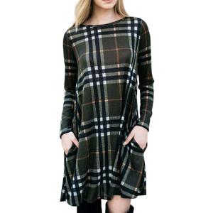 MIROL Women's Long Sleeve Plaid Color Block Casual Swing Loose Fit Tunic Dress (1-olive)