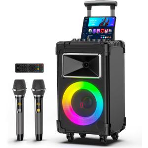 JYX Karaoke Machine with 2 Wireless Mics, 10" Woofer 500W Peak Power Big Portable Bluetooth Speaker with Bass/Treble Adjustment, PA System with Remote Control, LED Lights, Rolling Wheels and Trolley