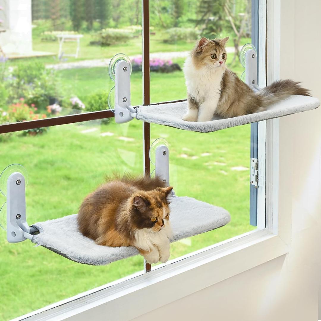Zoratoo 2PC Cat Window Perch Cordless Foldable Cat Hammock Bed for Window with Metal Frame and Reversible Cover, Large Suction Cups Window Resting Seat for Indoor Cats (Cat Bed, M-2PC)