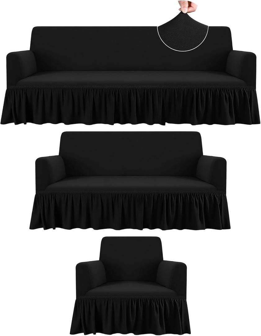 3 Pcs Sofa Slipcover Set for Couch Cushion Durable Washable High Elastic Stretchable Furniture Couch Covers with Skirt for Sofa Loveseat Arm Chair(Black,Milk Silk)