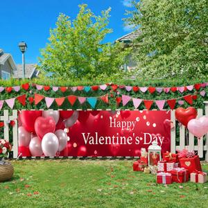 Valentines Day Banner Happy Valentines Day Heart Balloon Decor 10x3ft Valentines Party Backdrop Love Theme Hanging Display for Yard Porch Wall Fence with Pink Background