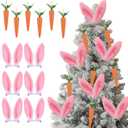 12Pcs Easter Tree Decorations Bunny Ears and Carrots Set - Clip-on Fluffy Pink White Rabbit Ears with Hanging Carrots Ornaments for Easter Spring Party Home Decor