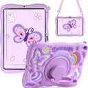 For iPad 10th/11th Generation Case for Kids Girls iPad A16 Case with Screen Protector Shoulder Strap Kickstand Cute Butterfly Silicone Shockproof Cover for iPad 10th Gen 10.9'' / 11th Gen 11''