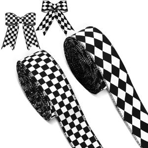 Waydress 2 Rolls/20 Yards Black and White Checkered Ribbon Harlequin Check 2.5 inch Width Wired Edge Gingham Buffalo Ribbon Racing Car Decor for Christmas Fall Tree Wrapping DIY Craft(1.5 Inch Wide)