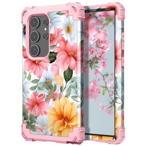 PIXIU Unique Flower Pattern Compatible with Samsung Galaxy S24 Ultra case,Heavy Duty Dual Layer Shockproof Full-Body Protective Sturdy Hybrid Cute Rugged Case for Women,Girls,Kids-Pink Floral
