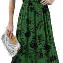 ANRILITA Maxi Dress for Women Wrap V Neck Short Sleeve Empire Pleated Waist Summer Casual Elegant Long Dresses with Pockets (XX-Large, Green Black)