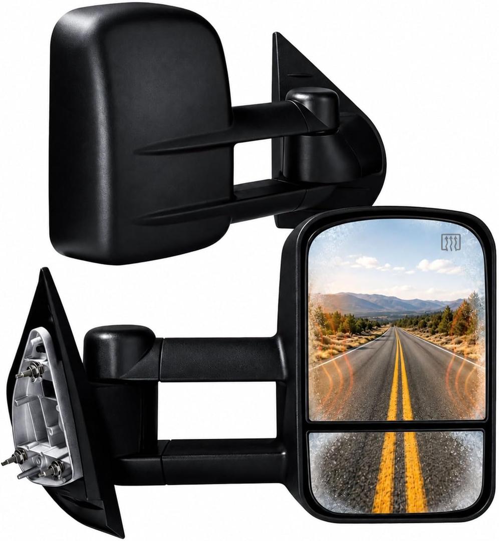 Towing Mirrors, Fit 2003 2004 2005 2006 Chevy Silverado GMC Sierra 1500 2500HD 3500(2007 Classic model only), Fit Tahoe Power Adjusted Heated Glass Extended Tow Mirror Side Mirror Black