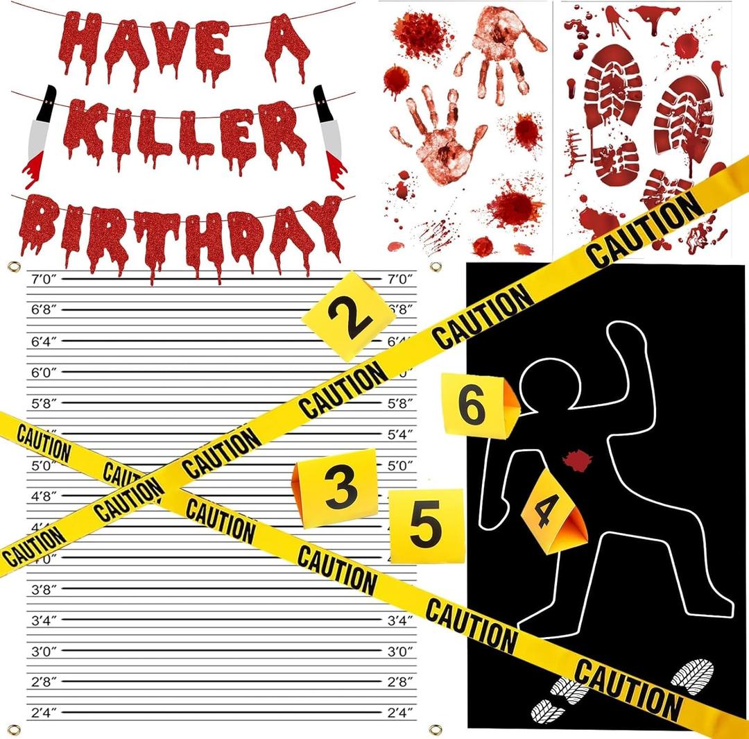Halloween Crime Scene Decorations Kit Have A Killer Birthday Banner Body Silhouette Crime Scene Tape Evidence Markers Mugshot Backdrop for Detective Murder Mystery Dexter Party Decorations