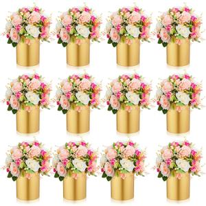 Ninehaoou 12 Pcs Gold Cylinder Vases for Wedding Centerpieces 5.1 Inch Tall Metal Flowers Vase Small Hurricane Holder for Wedding Dining Coffee Table Party Decorations, Not Included Flowers