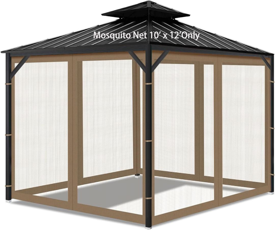 Gazebo Universal Replacement Mosquito Netting, Outdoor Mesh Netting Screen 4-Panel Sidewall with Zipper for Patio, Canopy, Garden and Backyard, Gray(Mosquito Net Only) (Khaki, 10' x 12')