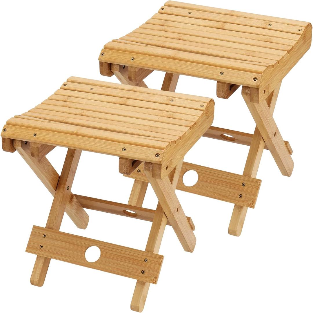 SINJEUN 2 Pack 12 Inch Natural Bamboo Folding Bench Seat Stool Bench for Bathroom, Spa, Sauna, Wooden Seat, Shower Bench Stool, Easy Assembled
