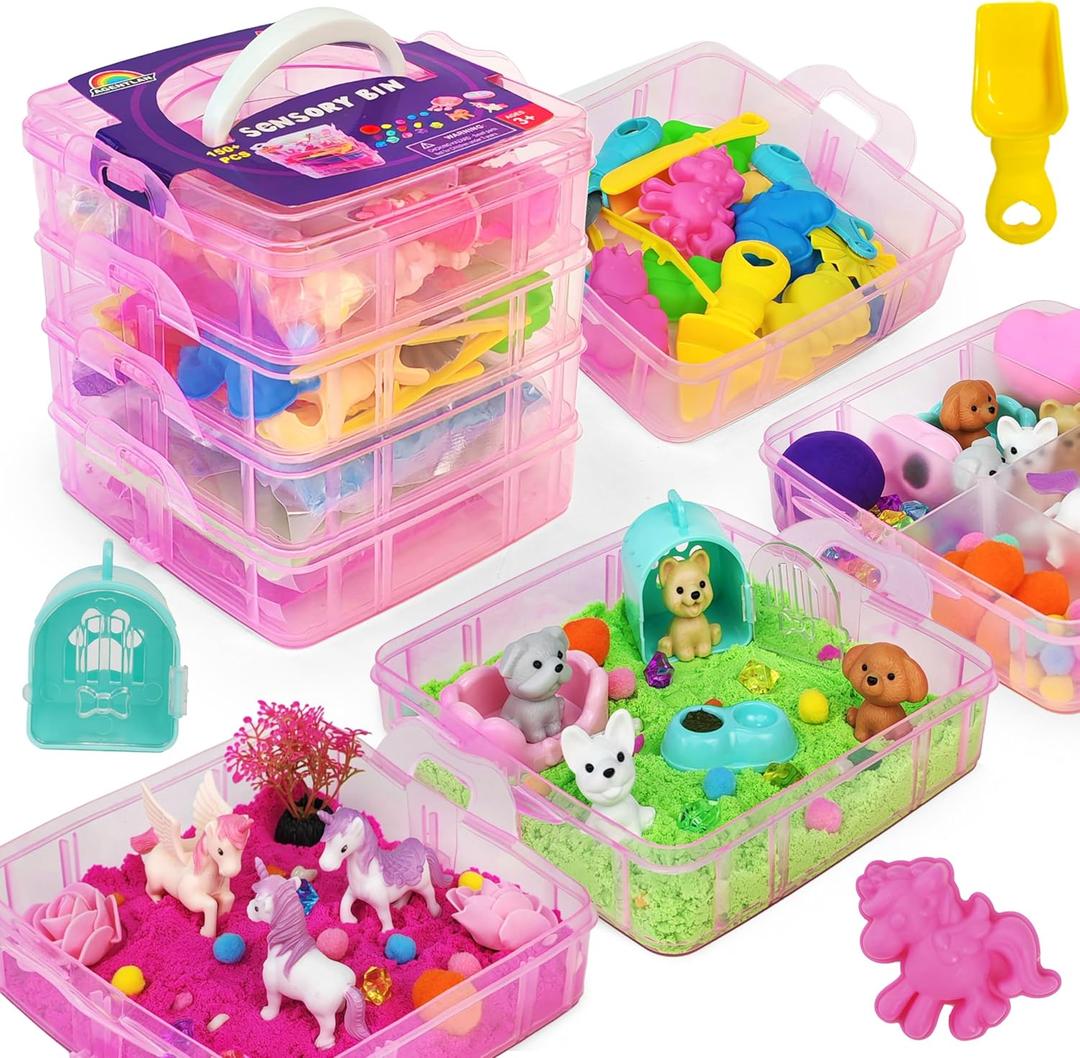 Stackable Sensory Bin, Unicorn & Pet Sensory Sand, Unicorn and Pet Sandbox with Play Sand for Toddlers Boys and Girls, Kids Toys Gift for Age 3 4 5 6 7 8+