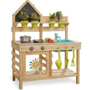 Freniland Outdoor Mud Kitchen for Kids,Wooden Play Kitchen with Real Running Water & Hose Hookup,Built-in Storage and Removable Sink,Backyard Toddler Kitchen Playset for Ages 3+