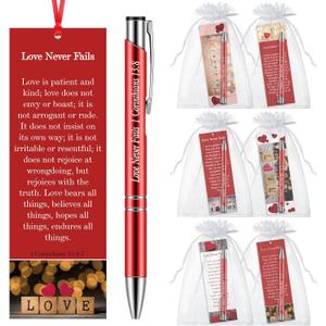 24 Pcs/12 Sets Christian Valentine Bookmarks Love Never Fails Pens, 12 Heart Bookmarks 12 Valentine 1 Corinthians 13: 8 Pen Valentine's Day Exchange Gifts for Sunday School Bible Study Groups