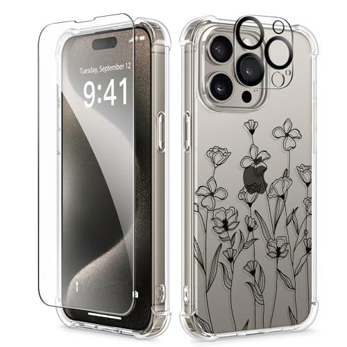 GVIEWIN for iPhone 15 Pro Case Floral, with Screen Protector&Camera Lens Protector,[Non Yellowing] Slim Shockproof Clear Phone Protective Cover for Women, Flower Pattern Design 6.1" (Sketch/Black)