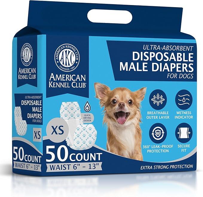 American Kennel Club Male Dog Wrap, Disposable Diapers with Wetness Indicator, XSmall, 50 Count