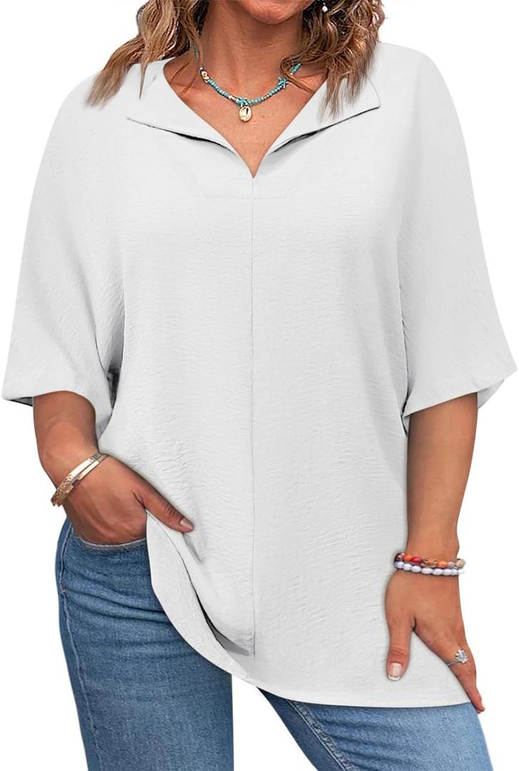 Lueluoye Womens Plus Size Tops Short Sleeve V Neck Tee Blouse Summer Loose Fit Casual Tunic Top XL-5XL (XX-Large, White)