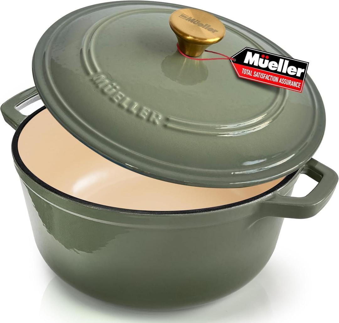 MUELLER HOME 4.5 Quart Enameled Cast Iron Dutch Oven For Sourdough Bread Baking, Heavy-Duty, Oven-Safe up to 500 F & Across All Cooktops, Casserole Dishes, Green Kitchen Accessories, Thyme Green