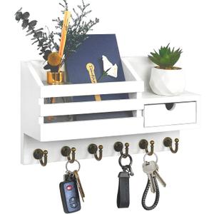 FifthQuarter Key Holder Wall Mount: Key and Mail Holder for Wall with 6 Hooks and Storage Drawer, Easy Installation Key Rack for Entryway Home Decor (A-White)