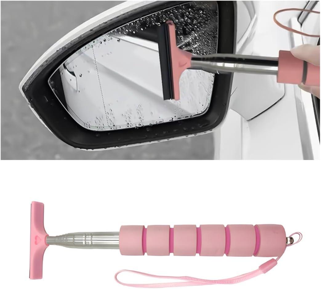 4 x Car Rearview Mirror Wiper, Retractable Auto Glass Squeegee, Water Cleaner with Telescopic Long Rod, Portable Cleaning Tool for All Vehicles, Universal Automotive Accessories (Pink)
