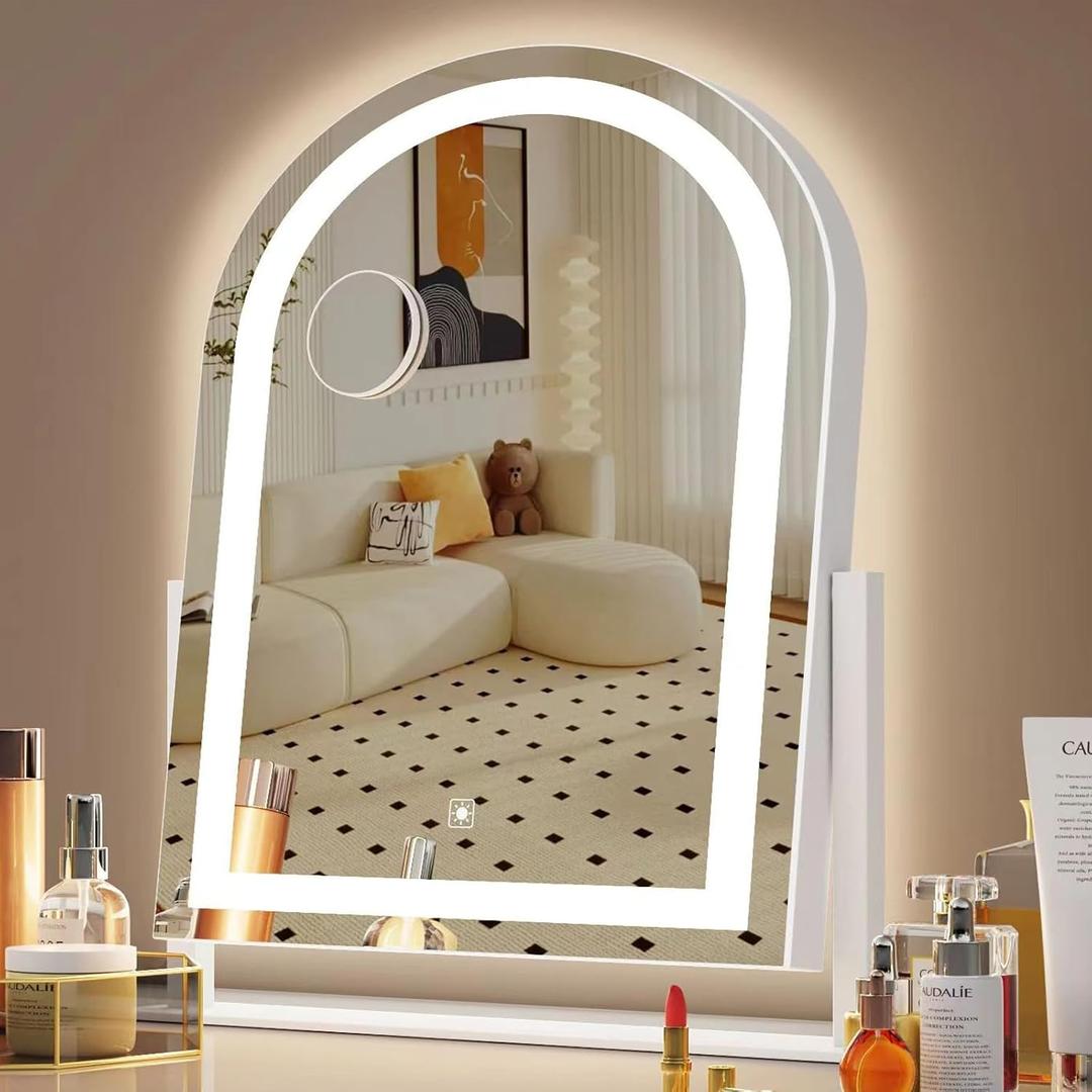 Gvnkvn Curved Makeup Vanity Mirror with Lights 17.2" Large LED Lighted Mirror, Hollywood Make Up Mirror with Lighting, Smart Touch,Detachable 5X Magnification 360 Rotation, (White,Gift Box)