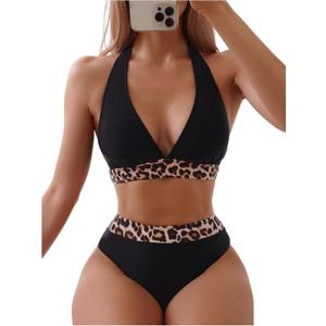 SweatyRocks Women's 2 Piece Leopard Print Swimsuit Halter Bikini Sets High Waist Bathing Suit (Large, Black)