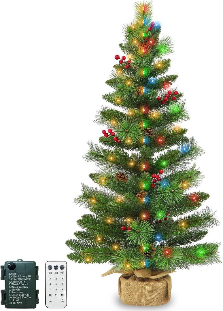3 Ft Tabletop Christmas Tree Remote Control Artificial Small Christmas Tree 50 Warm White&Colored Lights Battery Operated 12 Modes Timer Pinecones Red Berries Burlap Base Xmas Christmas Decorations
