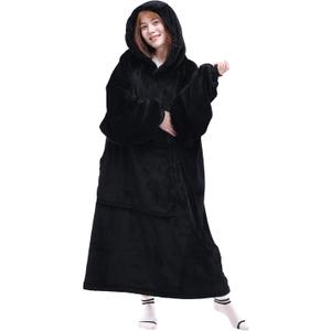 Waitu Wearable Blanket Sweatshirt Gifts for Women and Men, Warm and Cozy Giant Blanket Hoodie, Thick Flannel Blanket with Sleeves and Giant Pocket - Black (Adult)