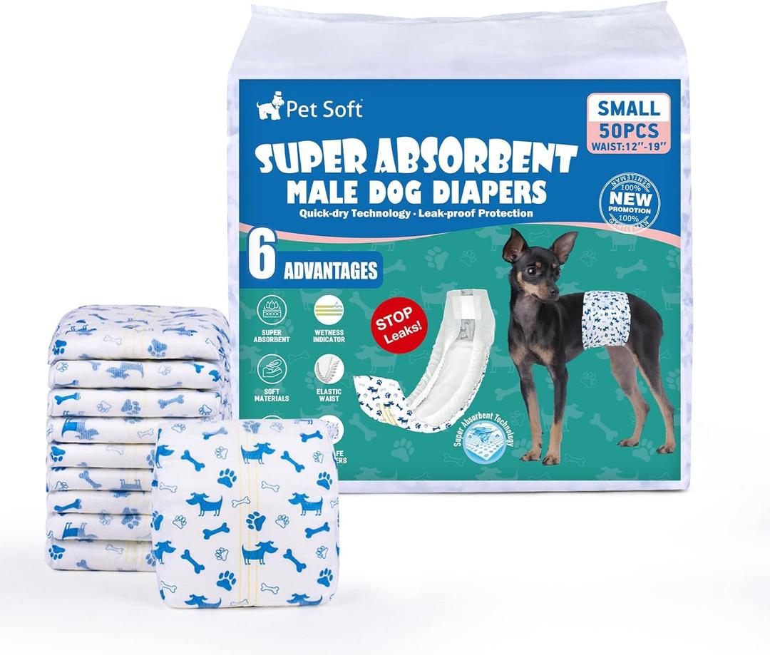 Pet Soft Male Dog Diapers - Disposable Male Dog Wraps Wetness Indicator, Puppy Diapers Male for Excitable Urination or Incontinence, 50pcs Small
