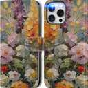 DEENAKIN for iPhone 15 Pro Max Wallet Case with Card Holder + Cash Clip, RFID-Blocking, Military-Grade Protection & UV-Printed Artwork, Magnetic Closure with Leather Stand - Oil Painting Flowers