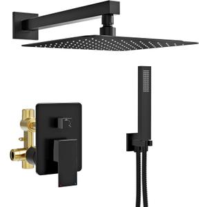 Kurpot Black Shower System, Wall Mounted Shower Faucet Set with Valve, 10-Inch Rainfall Shower Head with Handheld Combo Spray, 59'' Long Shower Hose and Shower Trim Kit, Matte Black