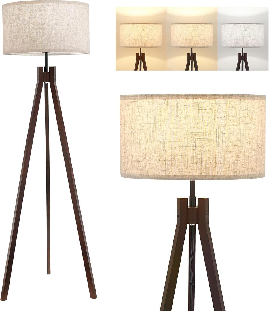 ELYONA Wood Tripod Floor Lamp for Bedroom, 3 Color Temperatures & Linen Shade, Modern Reading Standing Lamp with 9W LED Bulb, Mid Century Night Light for Farmhouse, Living Room, Office, Walnut (Walnut)