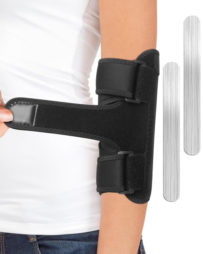 Elbow Brace with 2 Removable Metal Splint for Sleeping, Adjustable Cubital Tunnel Brace with Compression Sleeve for Tennis Elbow, Ulnar Nerve Brace Fit Women Men Relief for Arthritis, Tendonitis