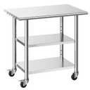 VEVOR Stainless Steel Work Table, 24x36 Inch Food Prep Table with 2 Shelves and Wheels, Commercial Kitchen Workstation, Metal Heavy Duty Utility Worktable, for Restaurant Home Hotel Garage Outdoor