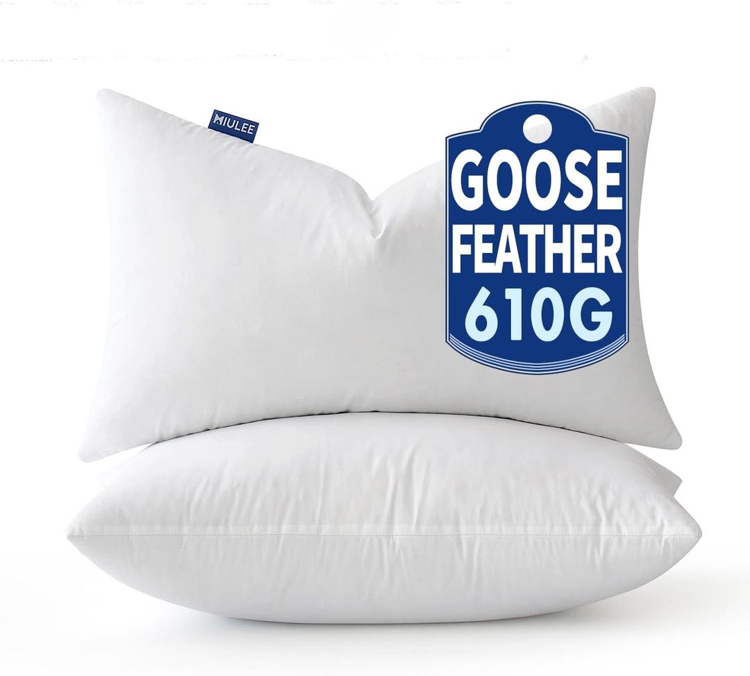 MIULEE 12 x 20 Goose Feather Down Pillows with 100% Cotton Cover, Set of 2 Soft Fluffy Decorative Pillow Inserts for Sofa Bed Couch Living Room White