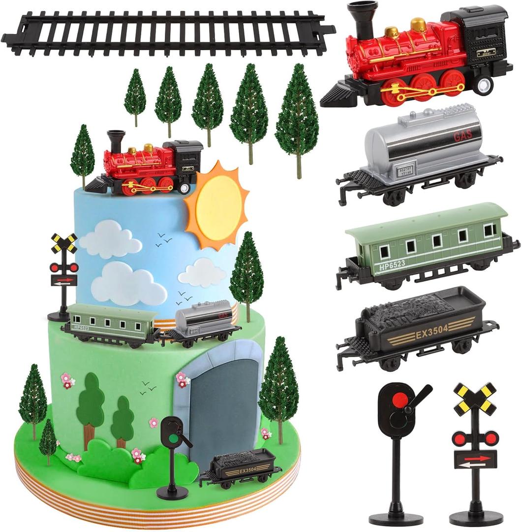 Hooqict 12Pcs Train Cake Topper Birthday Party Decorations Train Cake Decorations Set with Mini Railroad Track, Traffic Light, Railroad Crossing Sign Cake Toppers for Kids Boys Birthday Party Supplies