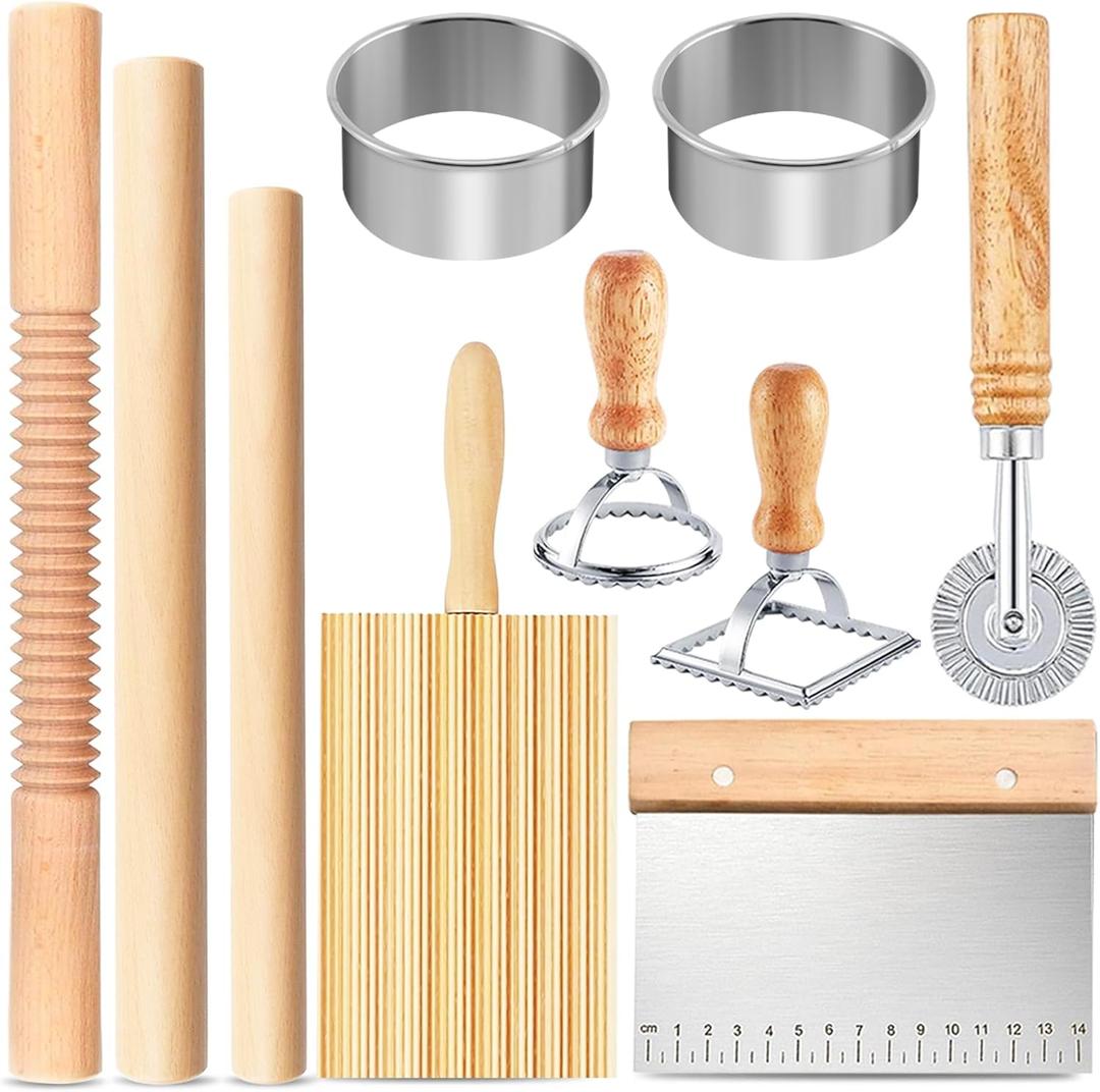 Pasta Making Tools, 10 Pcs Wood Pasta Making Kit with 3 Rolling Pins, 1 Gnocchi Board, 1 Dough Cutter, 1 Ravioli Cutter, 2 Pasta Stamps, 2 Round Cutter, Ravioli Pasta Cutter Set for Pasta Maker