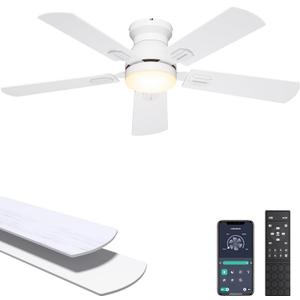 Ohniyou Ceiling Fans with Lights, 42 Inch Low Profile Ceiling Fan with Light and Remote/APP Control, Flush Mount, Dimmable, Qiuet DC Motor, White Small Indoor Ceiling Fan for Bedroom, Kitchen