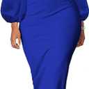 BestGirl Women's Bishop Sleeve Bodycon Dresses Work Casual Floral Print Pencil Midi Dresses (Blue, M)