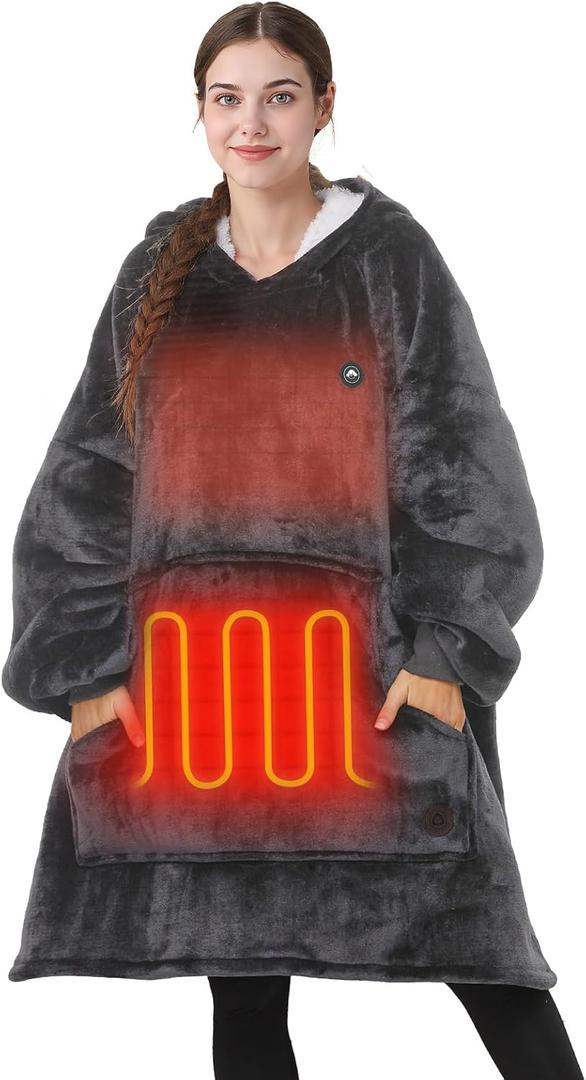 THREE POODLE Heated Wearable Blanket Hoodie, Oversized Sherpa Electric Hoodie Blanket, Gifts for Women(Battery Not Included) (Dark Gray)