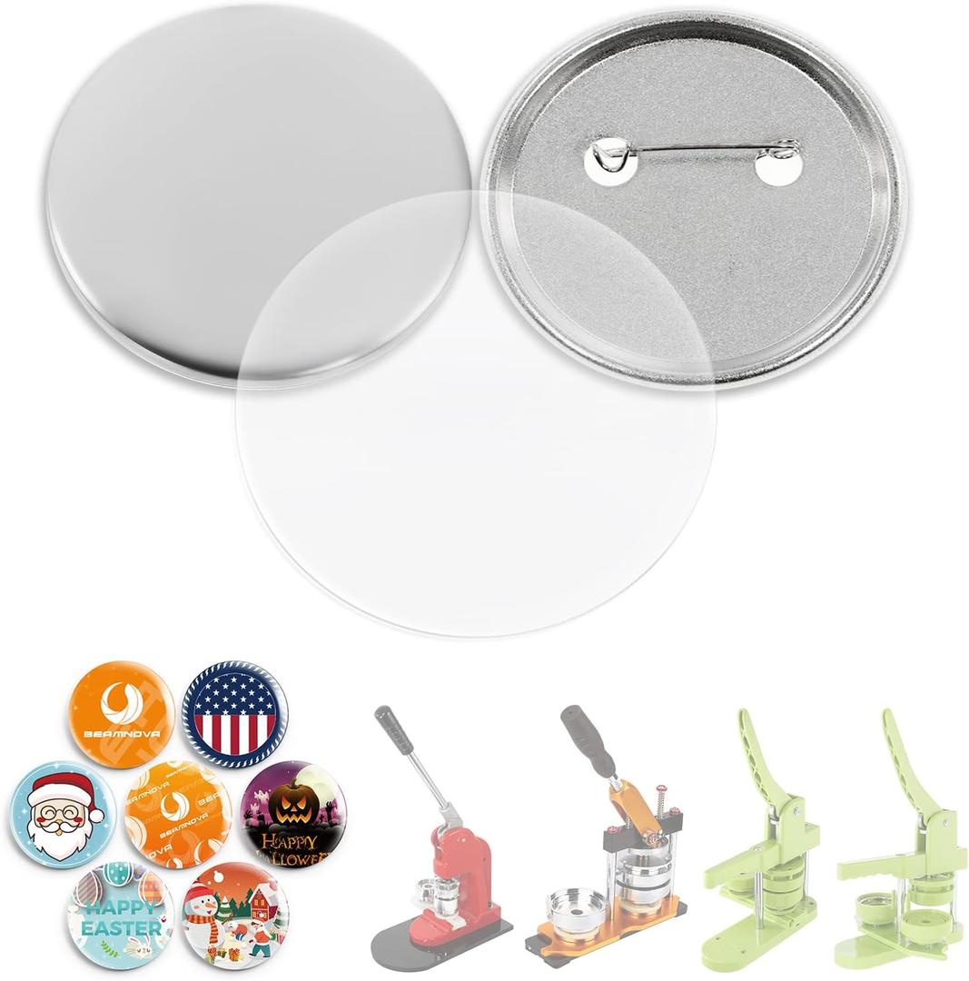 BEAMNOVA 100 Sets 75mm / 2.95 in (Approx. 3 inch) Metal Button Supplies Blanks, for Round Pin Maker Machine, Matte Metallic Back, Hand Press Badge Making Parts