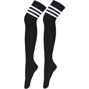 Bestjybt Women Thigh High Socks Cotton Warm Over the Knee High Leg Warmers Long Boot Socks with Stripes (One Size, Black)