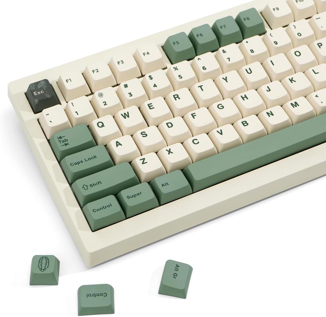 130 Keys Green PBT Keycaps, MDA Profile Dye Sub Custom Keycap, English ANSI Layout Beige Green Keycaps Botanical Key Caps for Cherry MX Mechanical Keyboard